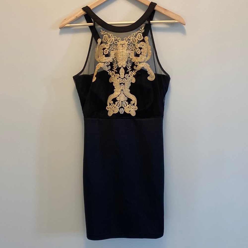 Forever 21 Black & Gold Embroidered Mini Dress